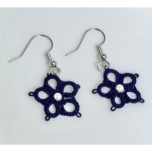 Brand New Navy Flower Earrings, Handmade Tatted Lace Dangle Drop Earrings